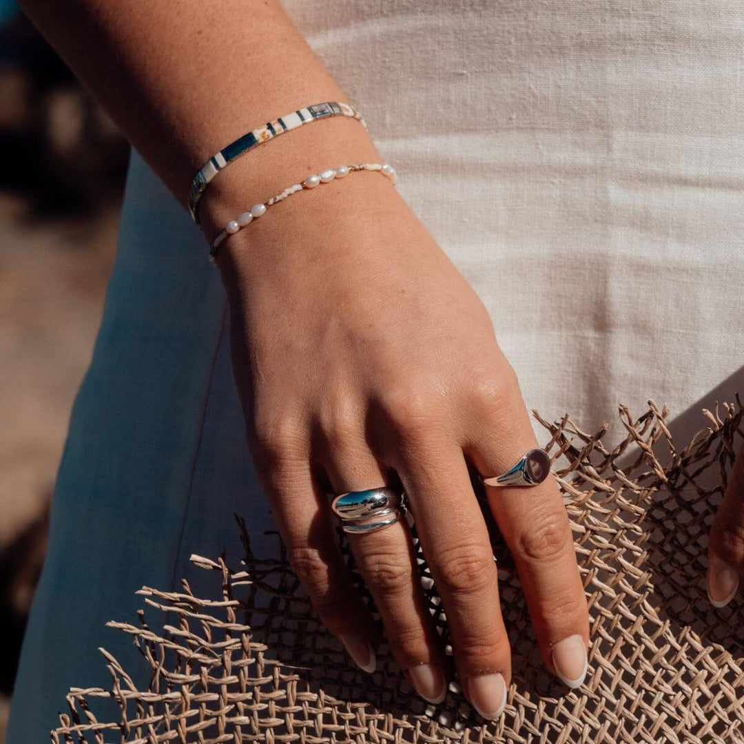 Gold-Moonstruck Pearl Stacking Bracelet on model-Australian Jewellery Brand Bowerbird Jewels