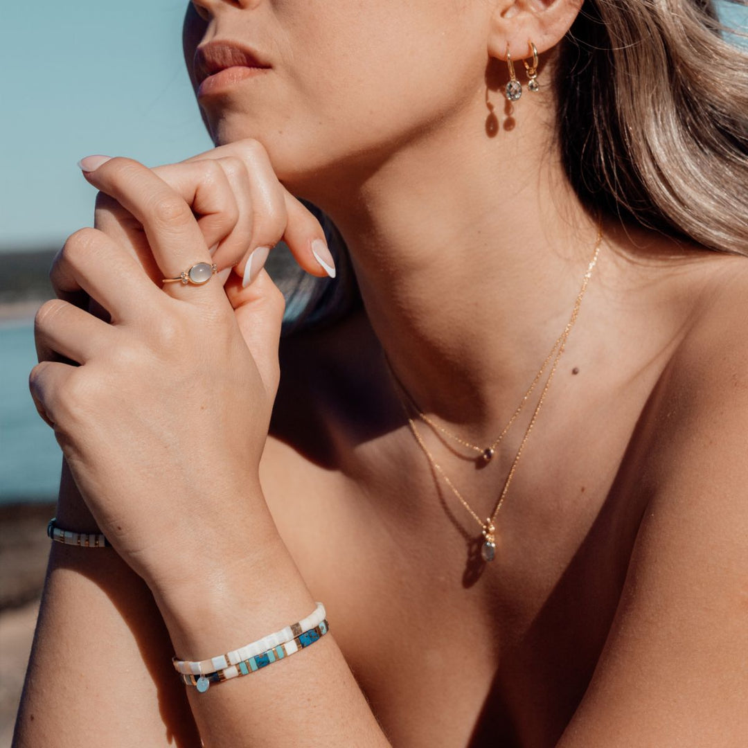 Gold-Mosaic Stacking Bracelet on model-Australian Jewellery Brand Bowerbird Jewels