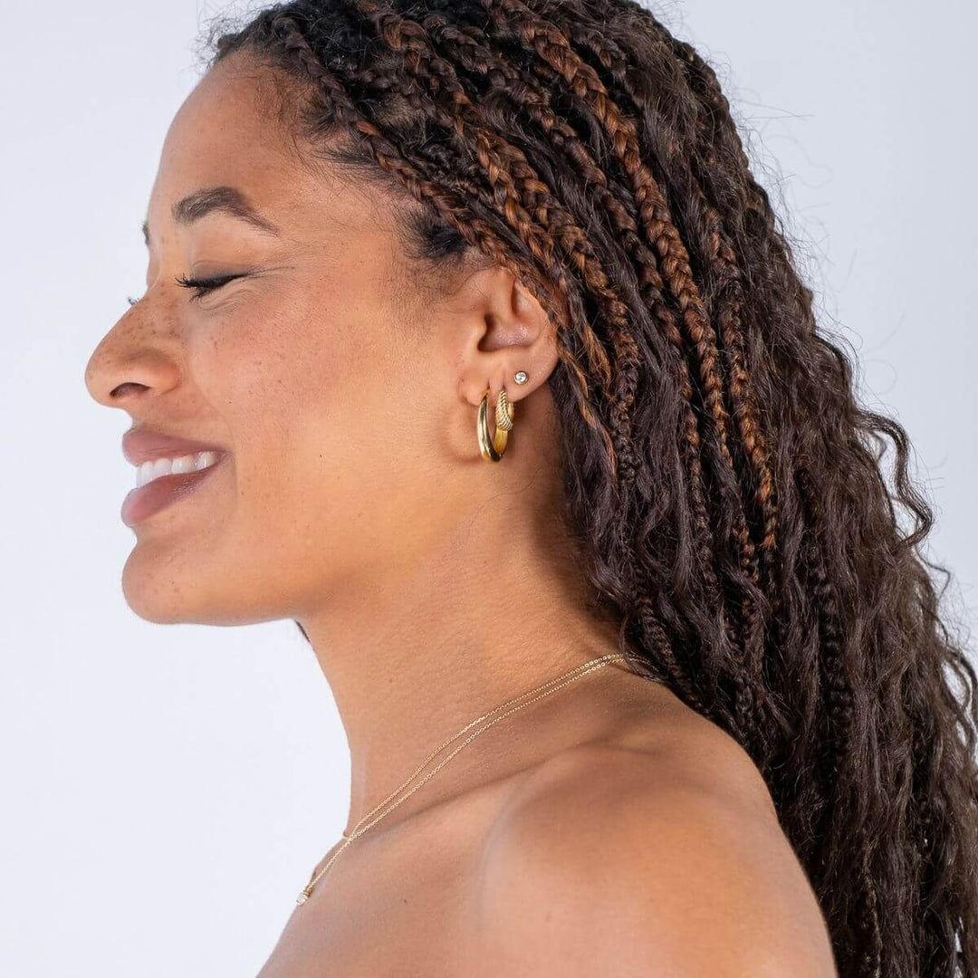 Gold-Muse Huggie Hoop Earrings in Silver and Gold2 on model-Australian Jewellery Brand Bowerbird Jewels
