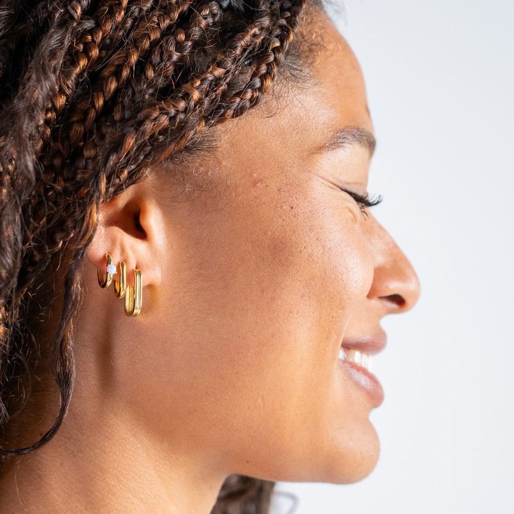 Gold-Opalite Huggie Hoop Earrings on model-Australian Jewellery Brand Bowerbird Jewels
