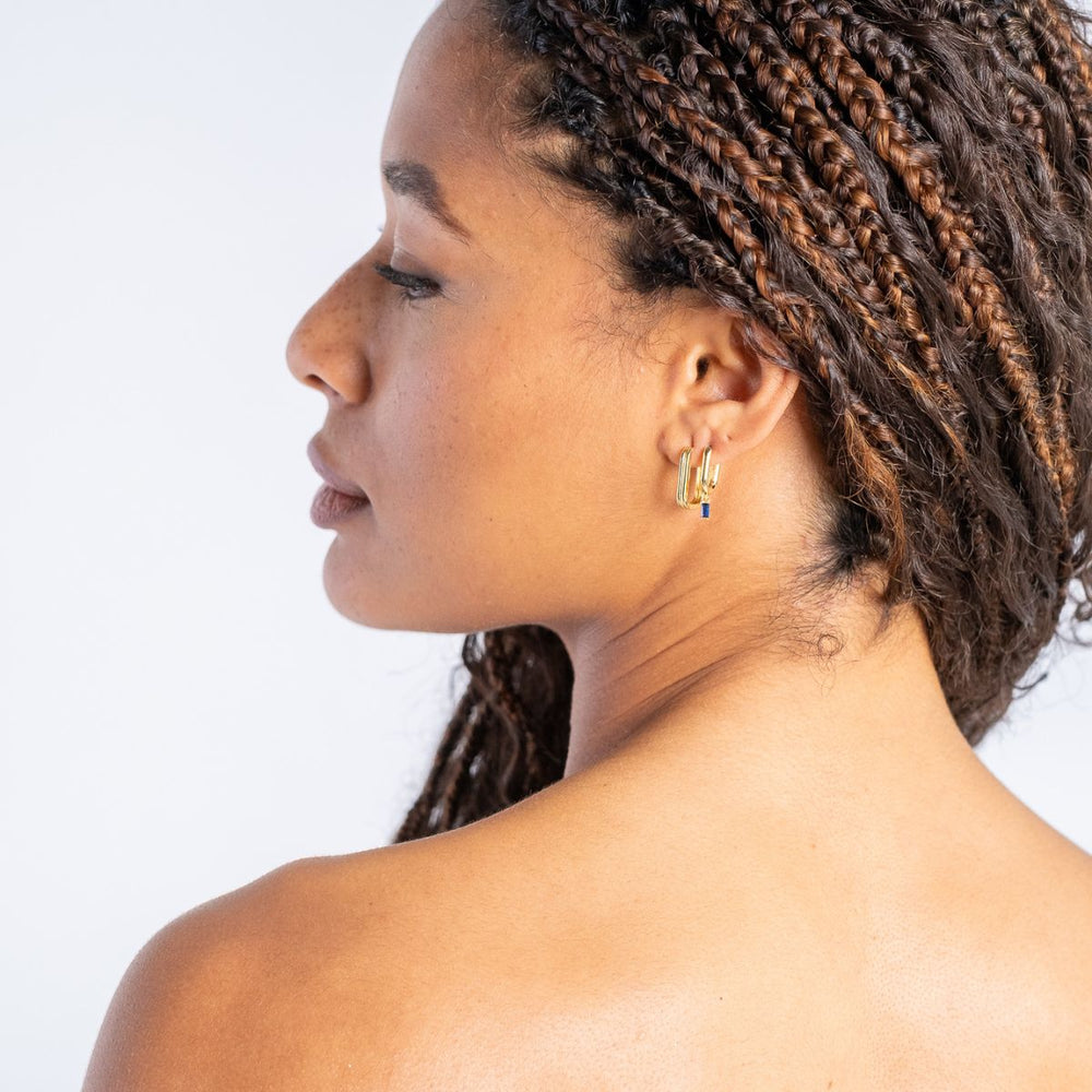 Gold-Parea Tube Huggie Hoop Earrings on model-Australian Jewellery Brand Bowerbird Jewels