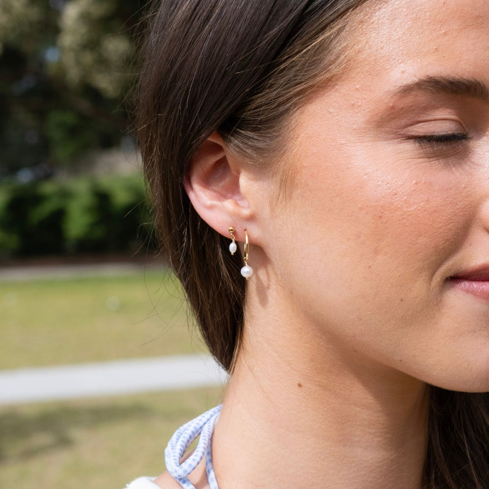 Gold-Pearl Raindrop Earrings4 on model-Australian Jewellery Brand Bowerbird Jewels