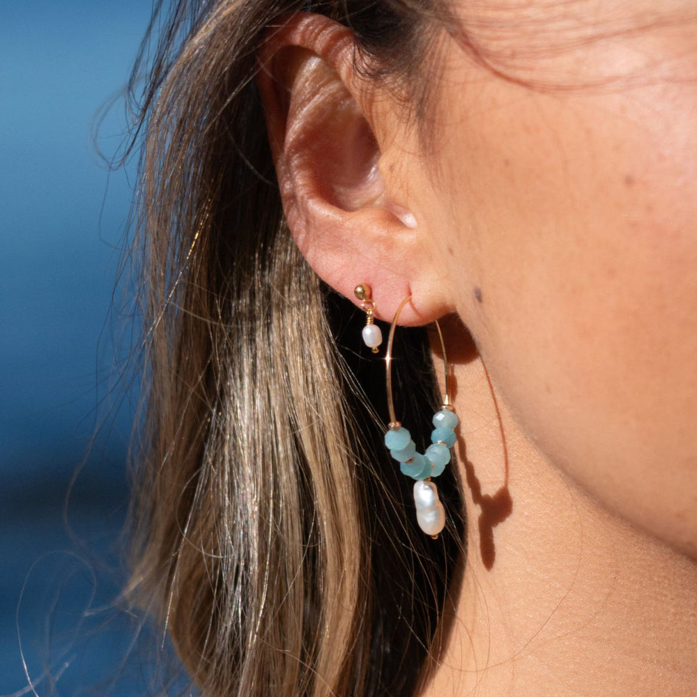 Gold-Pearl Raindrop Earrings on model-Australian Jewellery Brand Bowerbird Jewels