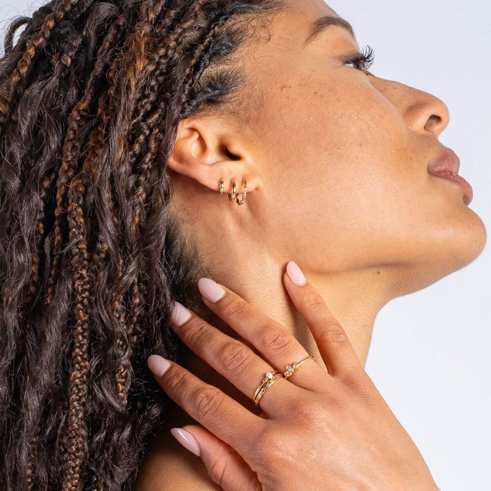 Gold-Petite Huggie Hoop Earrings 9.0mm on model-Australian Jewellery Brand Bowerbird Jewels