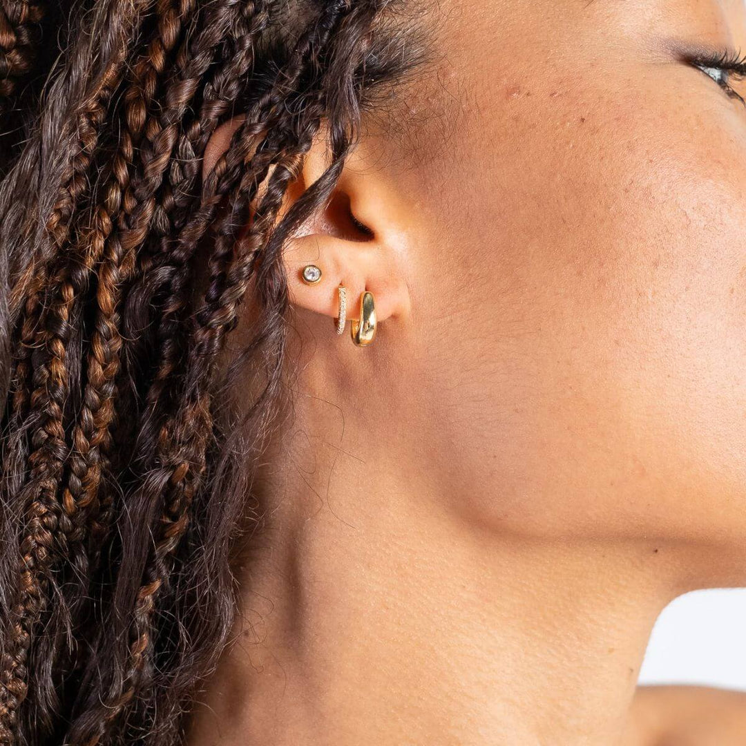 Gold-Reverie Cubic Zirconia Huggie Hoop Earrings on model-Australian Jewellery Brand Bowerbird Jewels