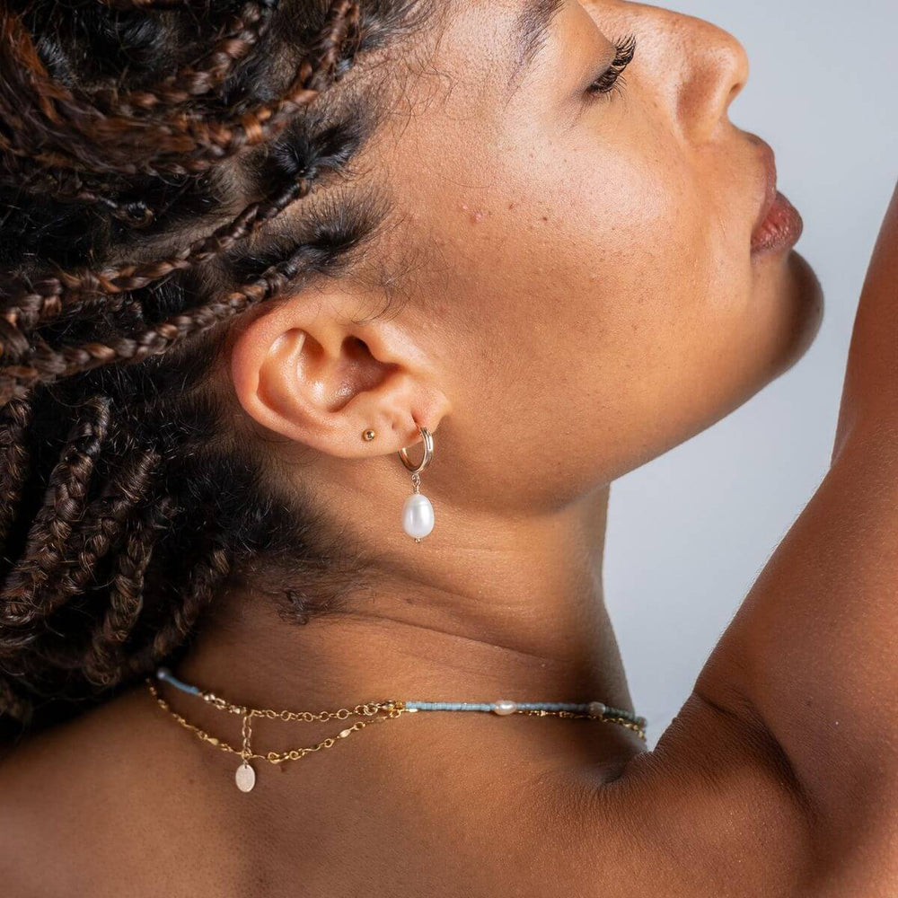 Gold-Rice Pearl Drop Hoop Earrings on model-Australian Jewellery Brand Bowerbird Jewels