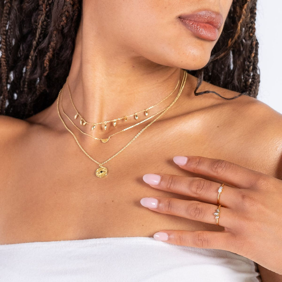 Gold-Rising Sun Necklace2 on model-Australian Jewellery Brand Bowerbird Jewels