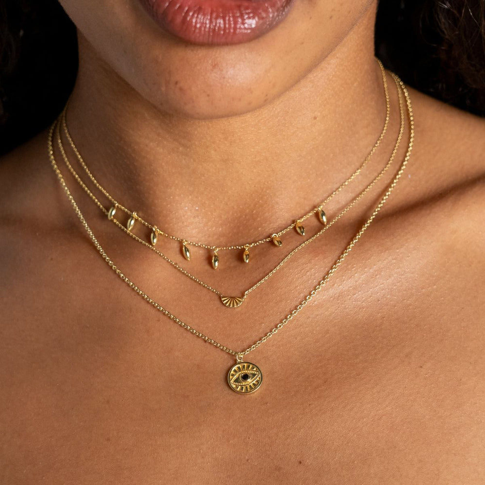 Gold-Rising Sun Necklace on model-Australian Jewellery Brand Bowerbird Jewels