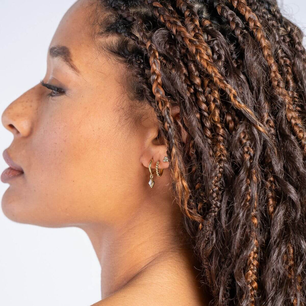 Gold-Scintilla Drop Huggie Earrings on model-Australian Jewellery Brand Bowerbird Jewels