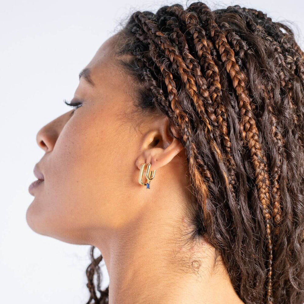 Gold-Siren Oval Drop Hoop Earrings on model-Australian Jewellery Brand Bowerbird Jewels