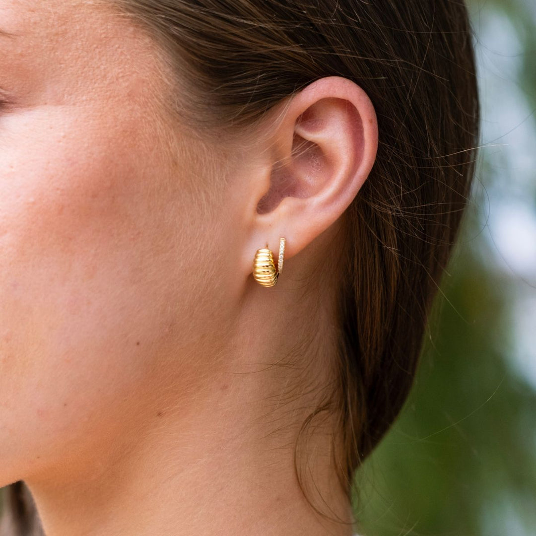 Gold-Sisu Huggie Earrings on model-Australian Jewellery Brand Bowerbird Jewels
