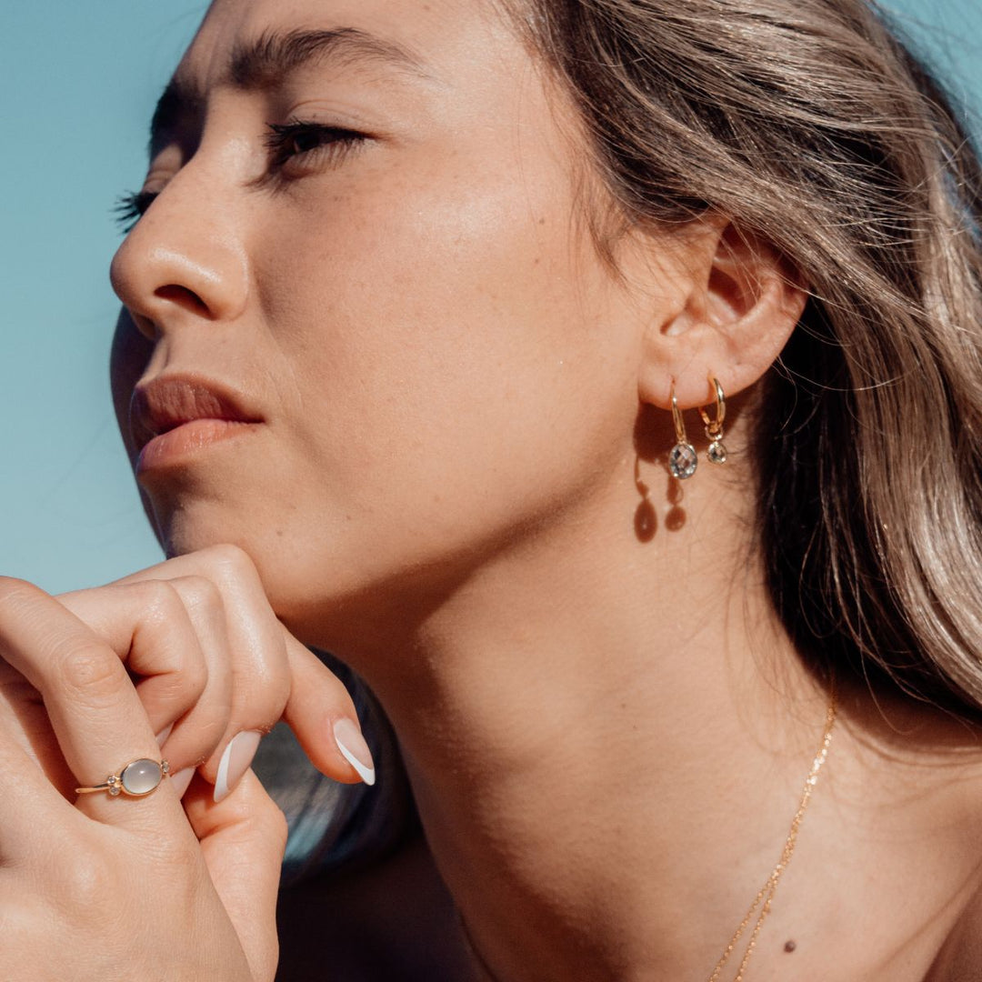 Gold-Skylark Blue Topaz Drop Earrings in 18K Gold Vermeil or Silver3 on model-Australian Jewellery Brand Bowerbird Jewels