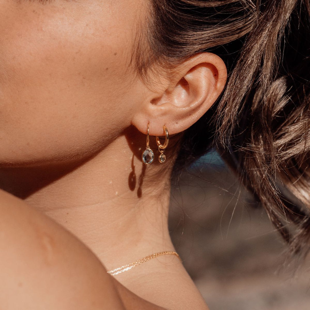 Gold-Skylark Blue Topaz Drop Earrings in 18K Gold Vermeil or Silver4 on model-Australian Jewellery Brand Bowerbird Jewels