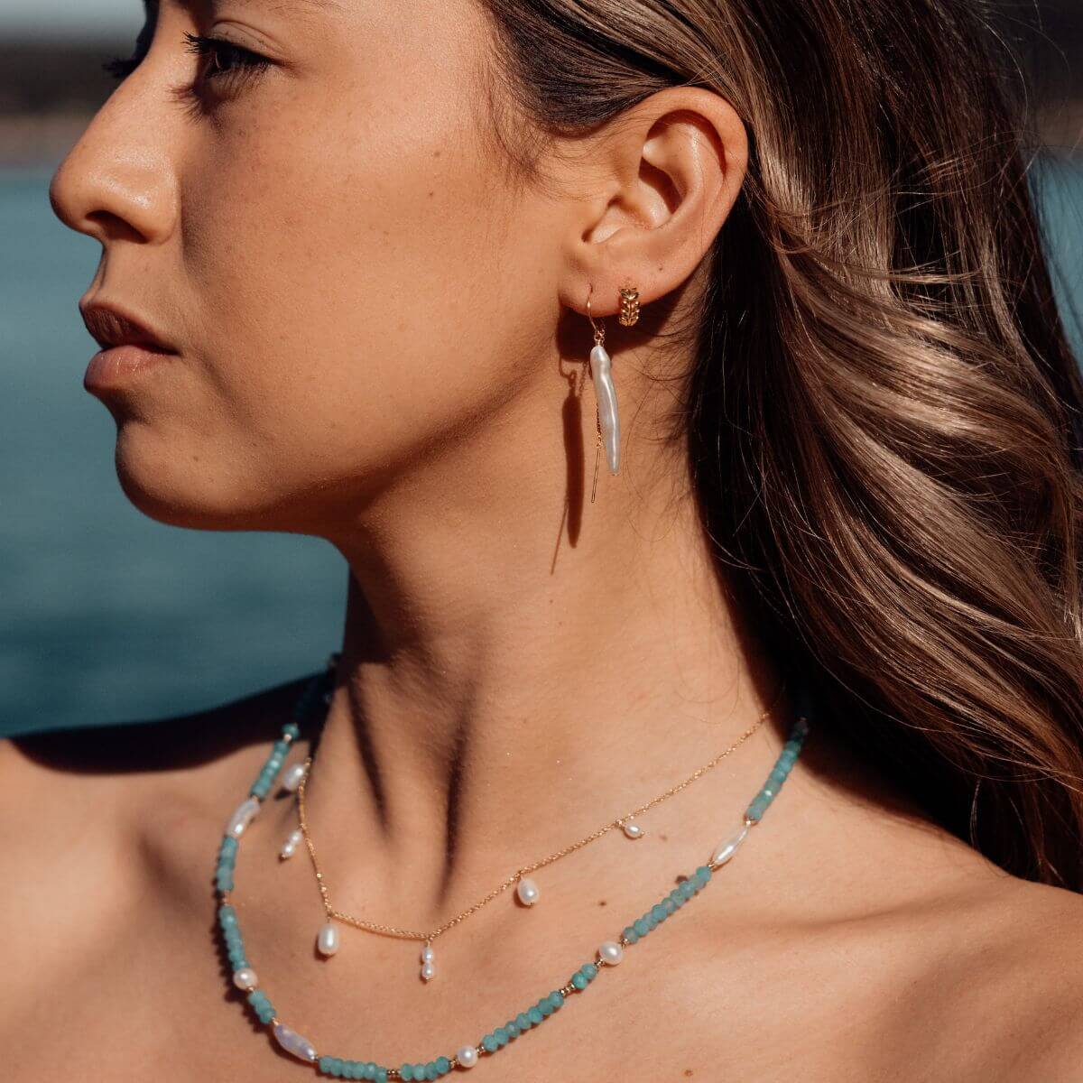 Sola Gold Filled Threader Earrings with Biwa Pearl Drop Gold 3 - Bowerbird Jewels - Online Jewellery Store
