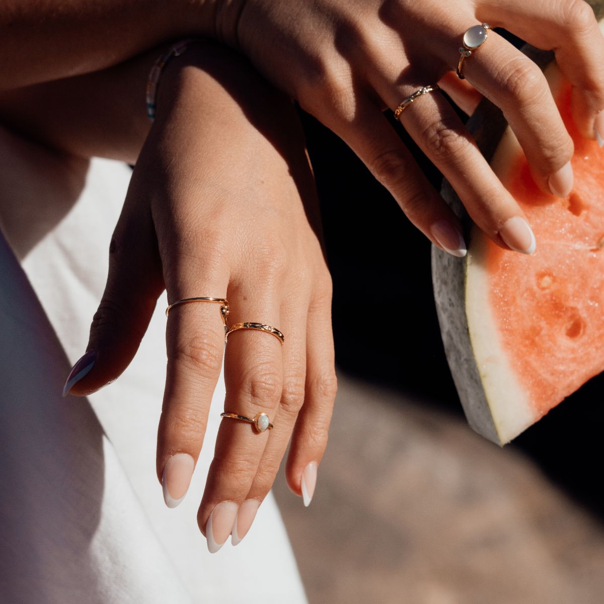 Gold-Solasta Solitaire Opalite Ring in 18K Gold Vermeil2 on model-Australian Jewellery Brand Bowerbird Jewels