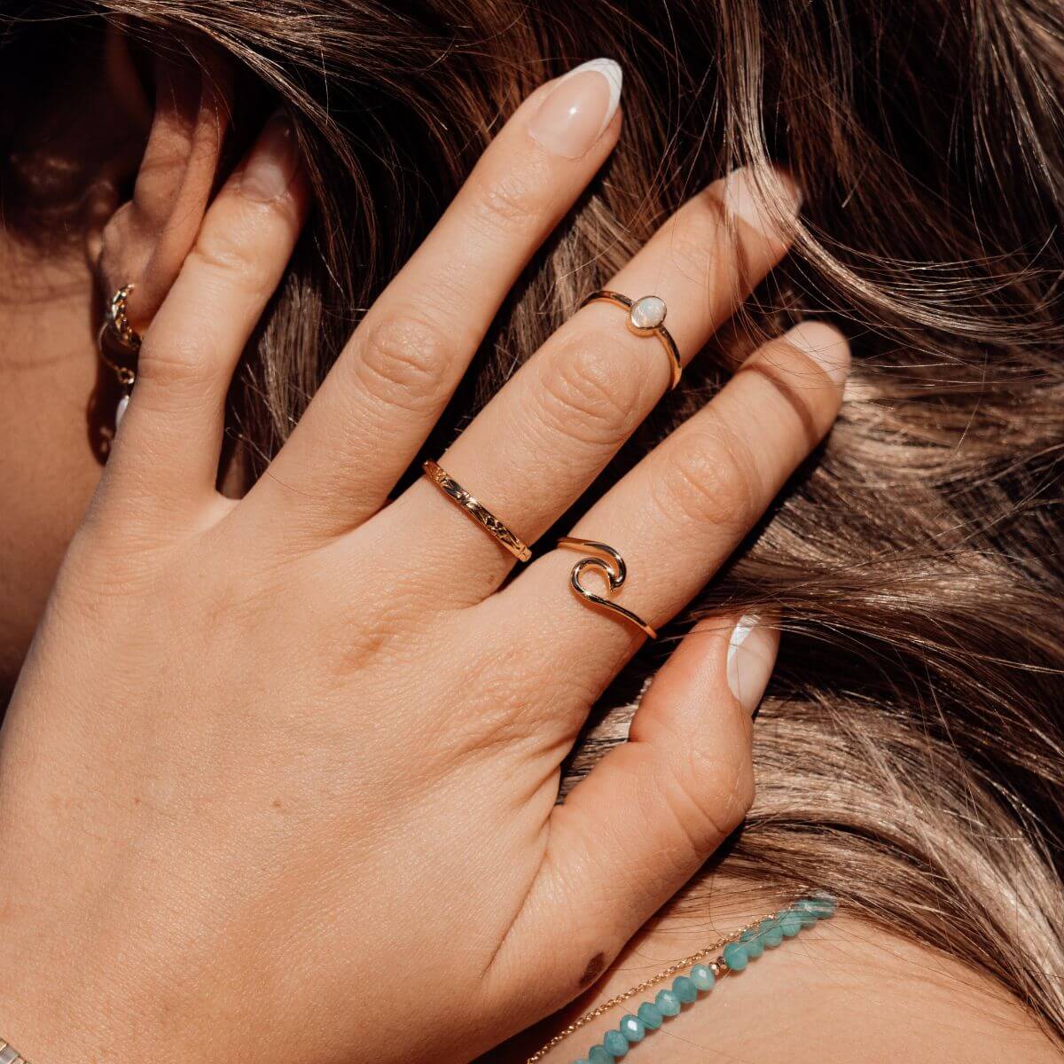 Gold-Solasta Solitaire Opalite Ring in 18K Gold Vermeil3 on model-Australian Jewellery Brand Bowerbird Jewels