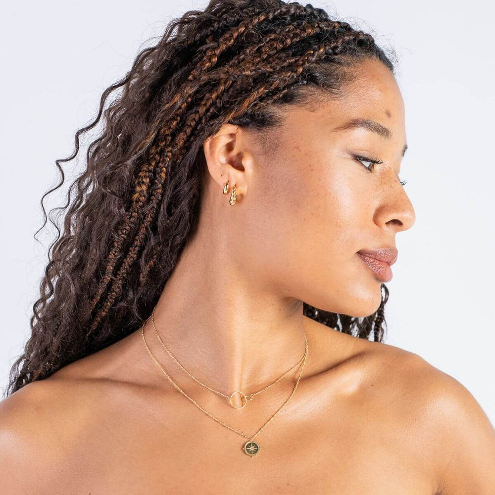 Gold-Tapering Huggie Hoop Earrings on model-Australian Jewellery Brand Bowerbird Jewels