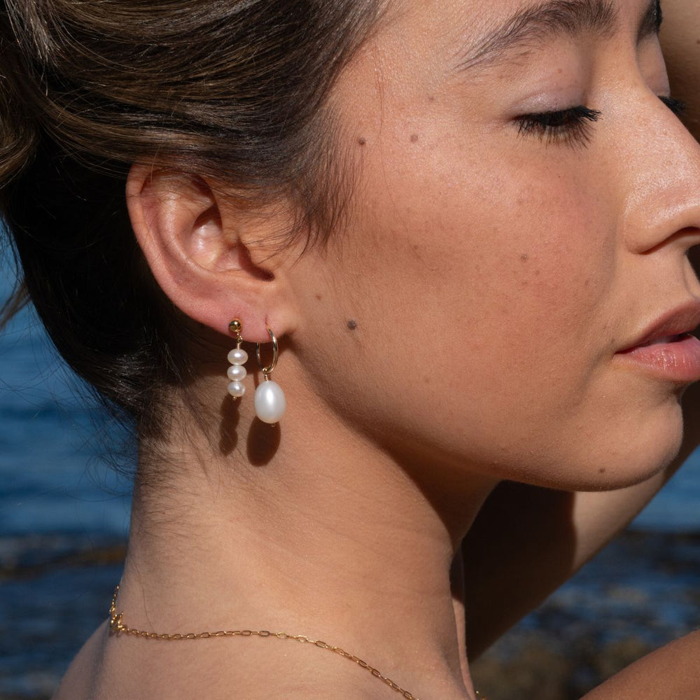 Gold-Triple Pearl Drop Stud Earrings2 on model-Australian Jewellery Brand Bowerbird Jewels