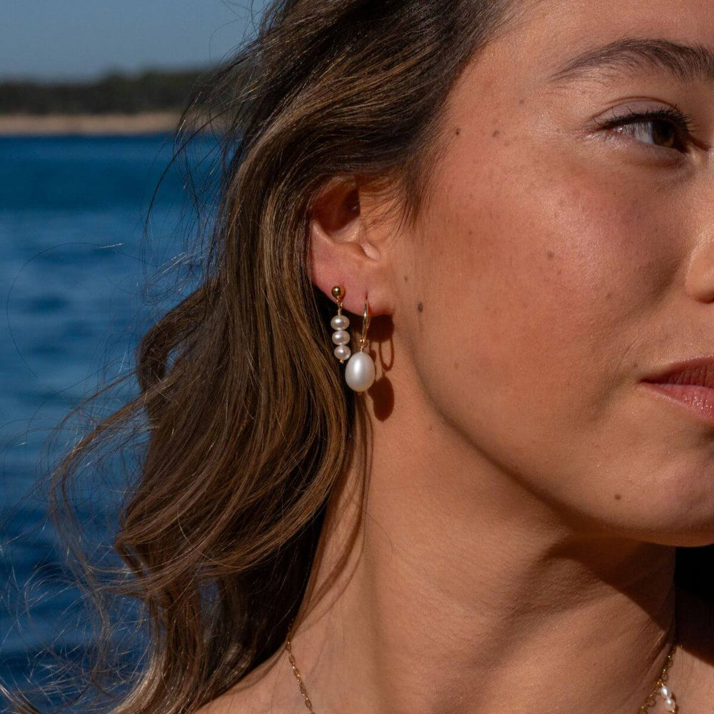 Gold-Triple Pearl Drop Stud Earrings on model-Australian Jewellery Brand Bowerbird Jewels