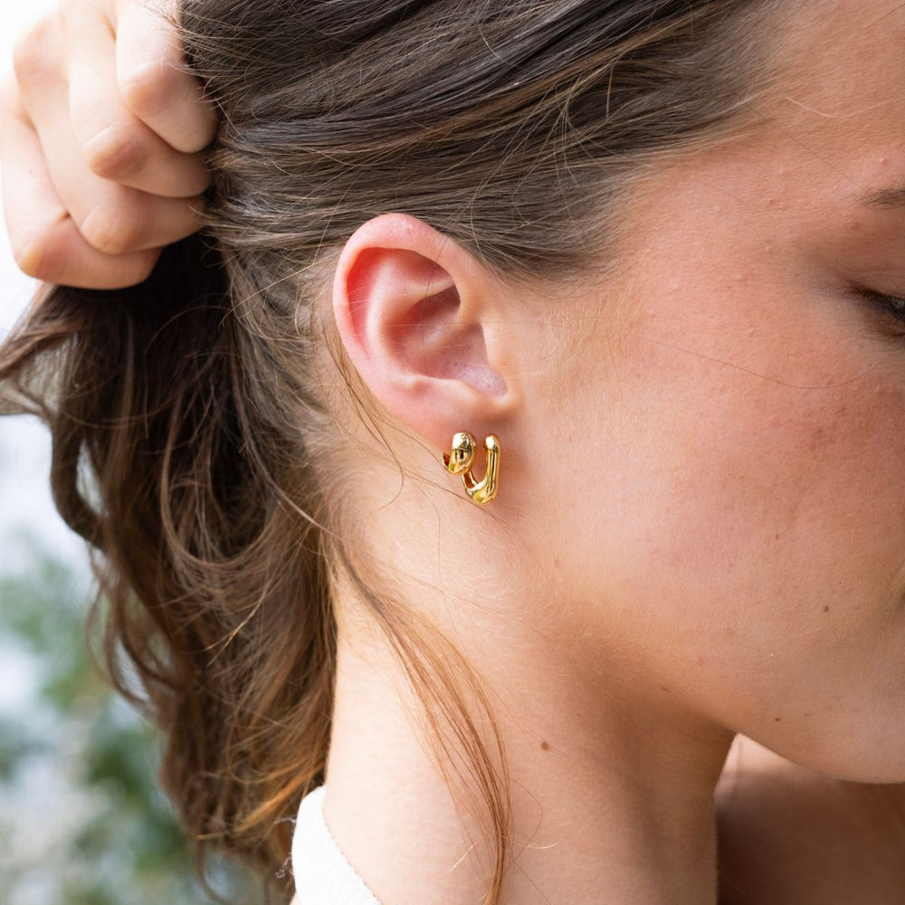 Gold-Veni Huggie Earrings on model-Australian Jewellery Brand Bowerbird Jewels