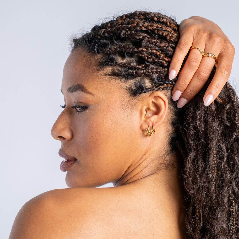 Gold-Wide Twist Huggie Hoop Earrings on model-Australian Jewellery Brand Bowerbird Jewels