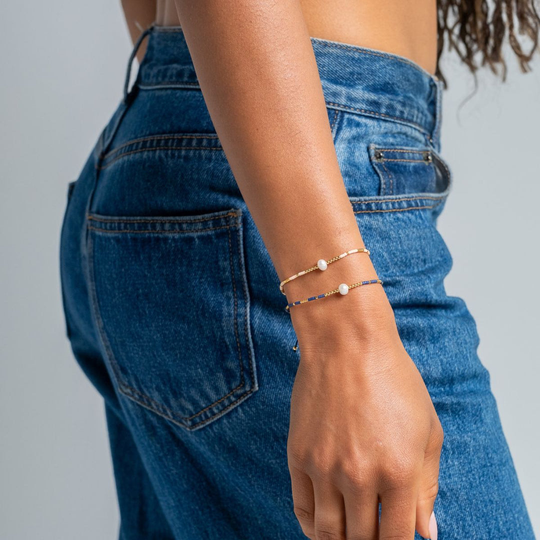 Gold-Xanadu Pearl Stacking Bracelet on model-Australian Jewellery Brand Bowerbird Jewels