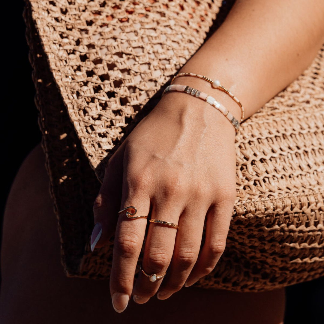 Gold-Xanadu Pearl Stacking Bracelet on model-Australian Jewellery Brand Bowerbird Jewels