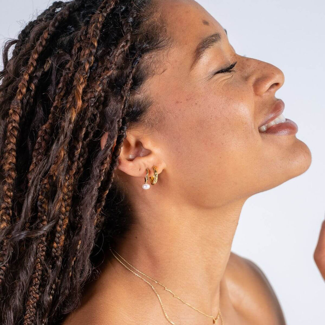 Gold-Zig Zag Pearl Drop Huggie Hoop Earrings2 on model-Australian Jewellery Brand Bowerbird Jewels