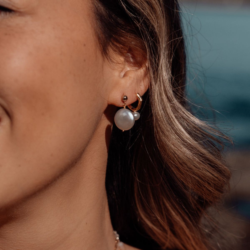 Gold-Zig Zag Pearl Drop Huggie Hoop Earrings on model-Australian Jewellery Brand Bowerbird Jewels
