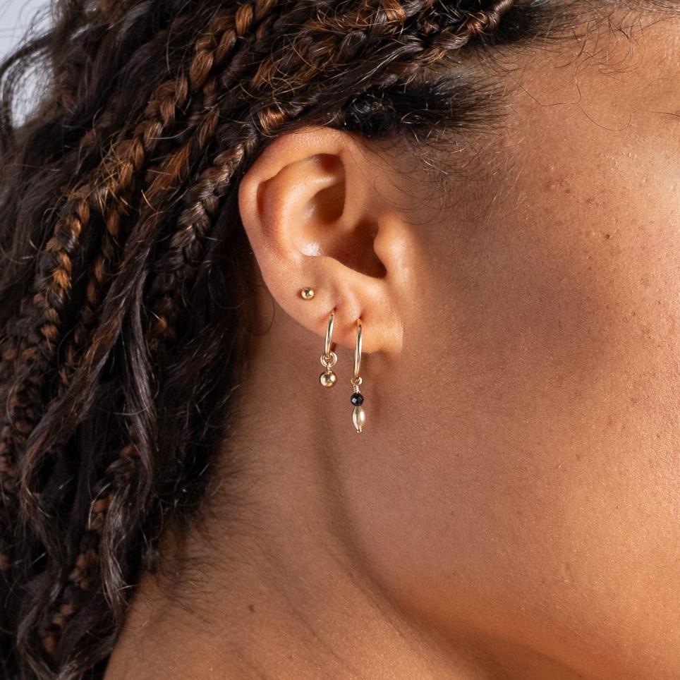 Gold Bead Drop and  Black Spinel Fine Hoop Earrings Gold 2 - Bowerbird Jewels - Online Jewellery Store