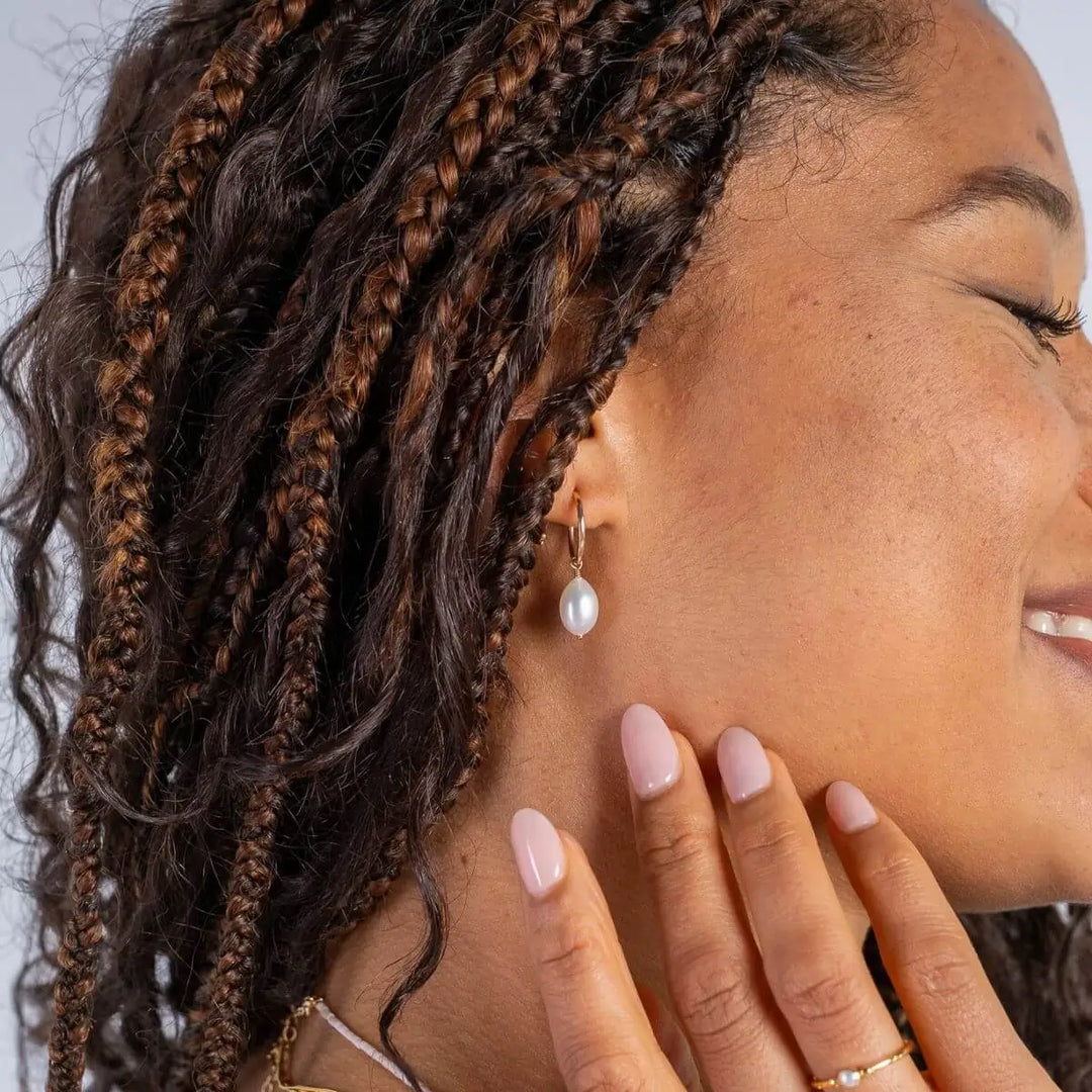 Gold Filled Rice Pearl Hoop Drop Earrings Gold 1 - on model - Australian Jewellery Brand Bowerbird Jewels