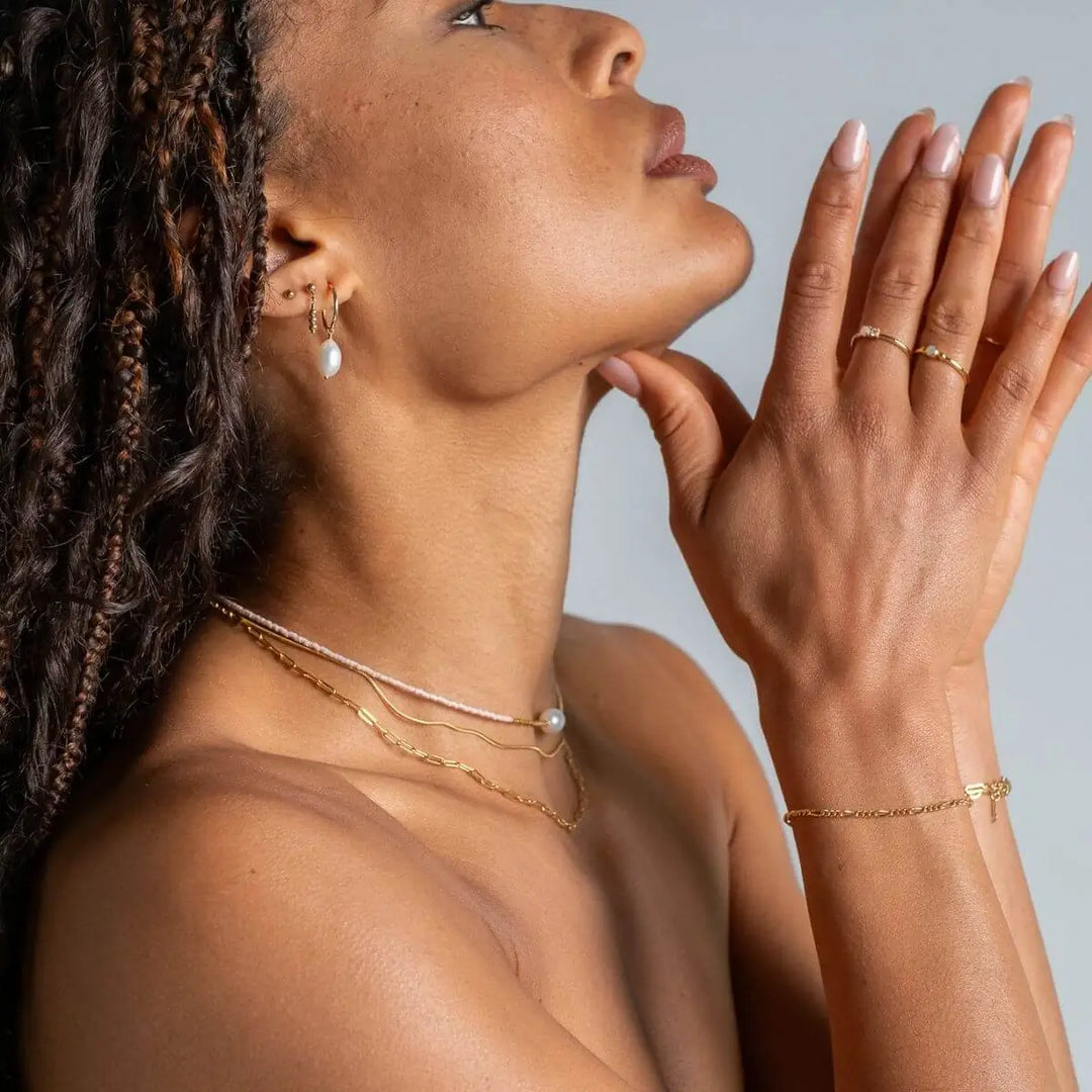 Gold Filled Rice Pearl Hoop Drop Earrings Gold 2 - on model - Australian Jewellery Brand Bowerbird Jewels