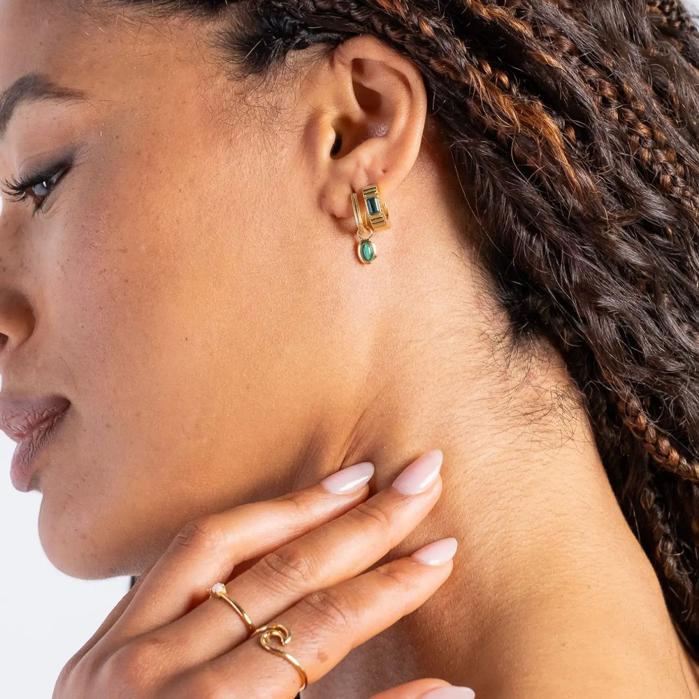 Goya Malachite Huggie Hoop Earrings Gold 1 on model- Australian Jewellery Brand Bowerbird Jewels
