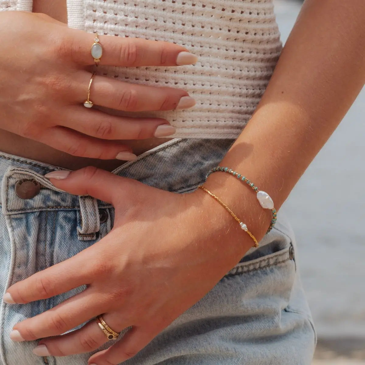 Halo Biwa Pearl Beaded Stacking Bracelet - Aqua 2 on model- Australian Jewellery Brand Bowerbird Jewels