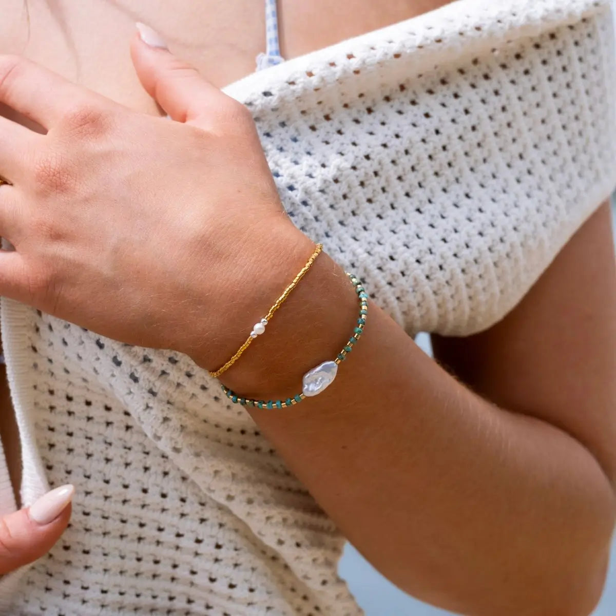 Halo Biwa Pearl Beaded Stacking Bracelet - Aqua 3 on model- Australian Jewellery Brand Bowerbird Jewels