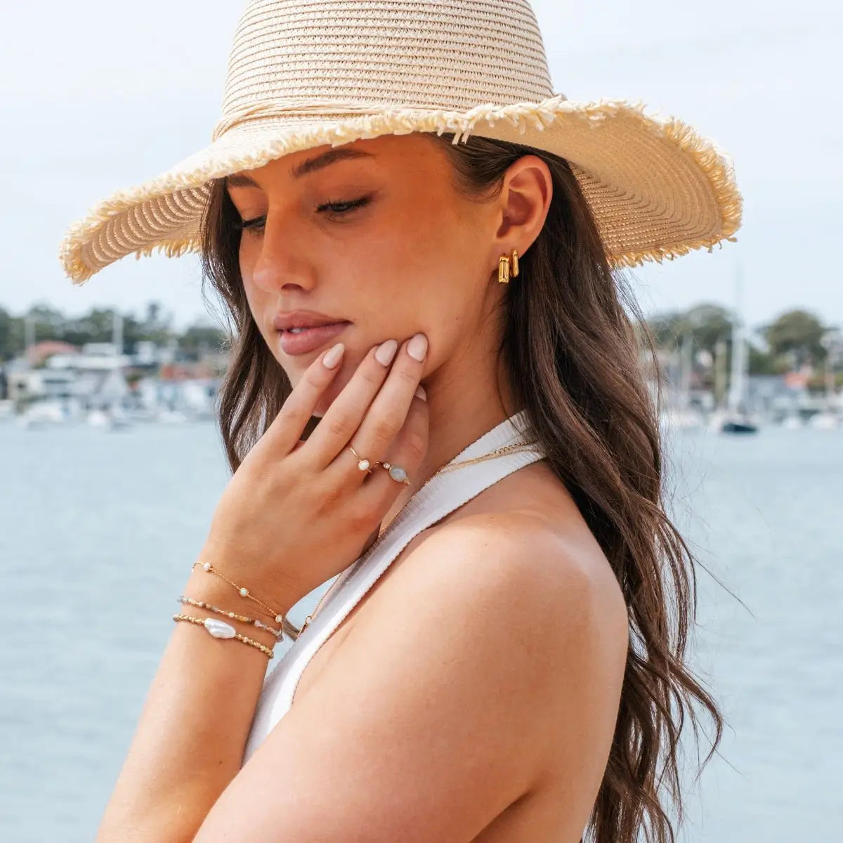 Halo Biwa Pearl Beaded Stacking Bracelet - Gold 1 on model- Australian Jewellery Brand Bowerbird Jewels