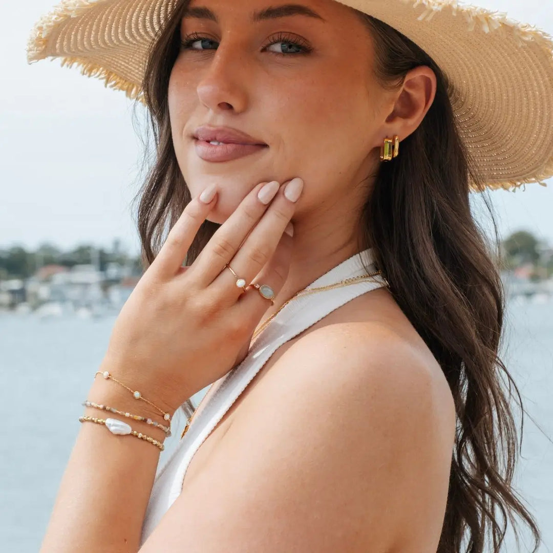 Halo Biwa Pearl Beaded Stacking Bracelet - Gold 2 on model- Australian Jewellery Brand Bowerbird Jewels