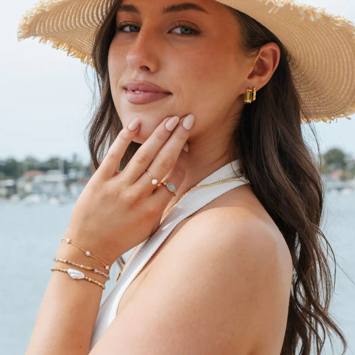 Halo Biwa Pearl Beaded Stacking Bracelet - Gold 2 on model- Australian Jewellery Brand Bowerbird Jewels