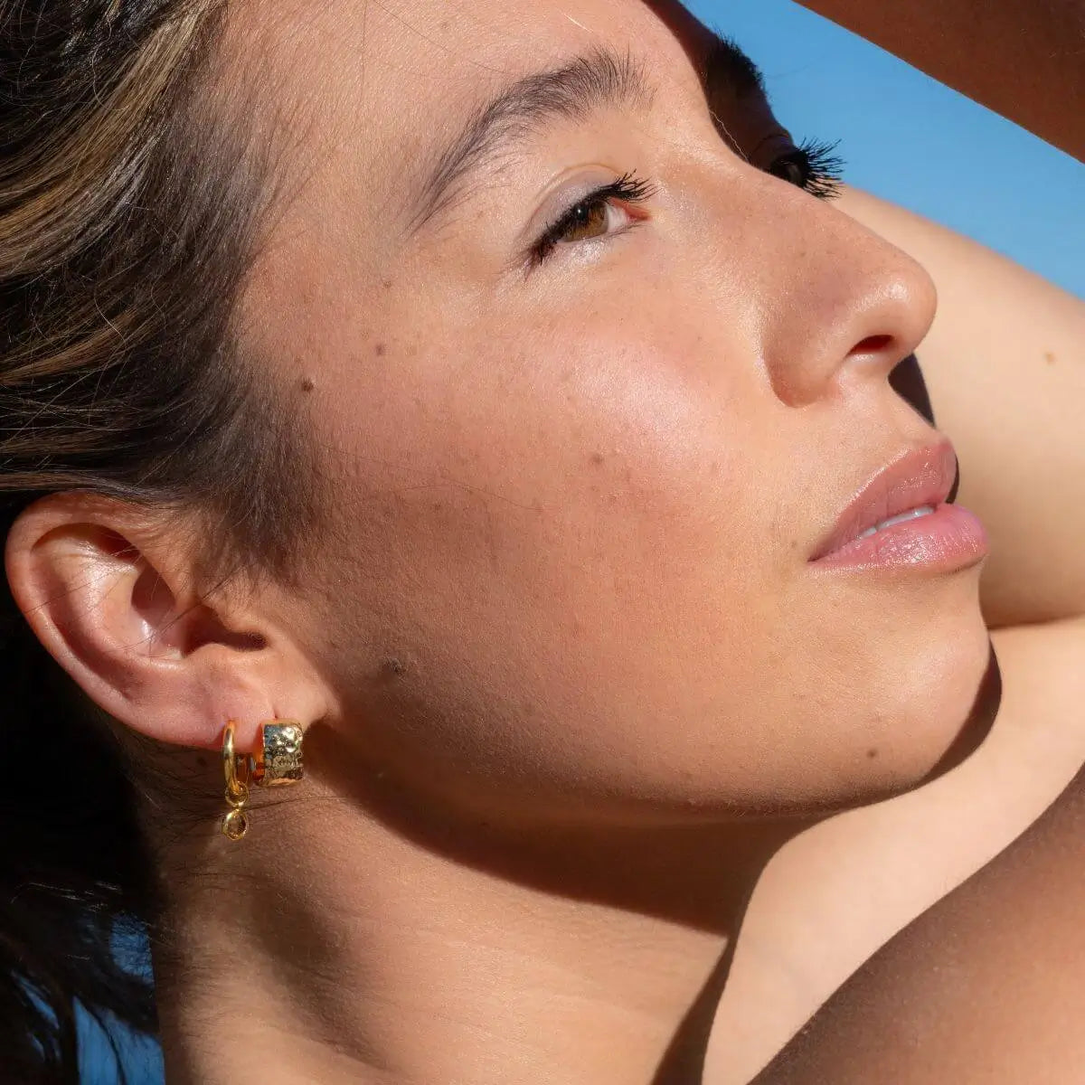 Hammered Finish Square Huggie Hoop Earrings Gold 1 - on model- Australian Jewellery Brand Bowerbird Jewels
