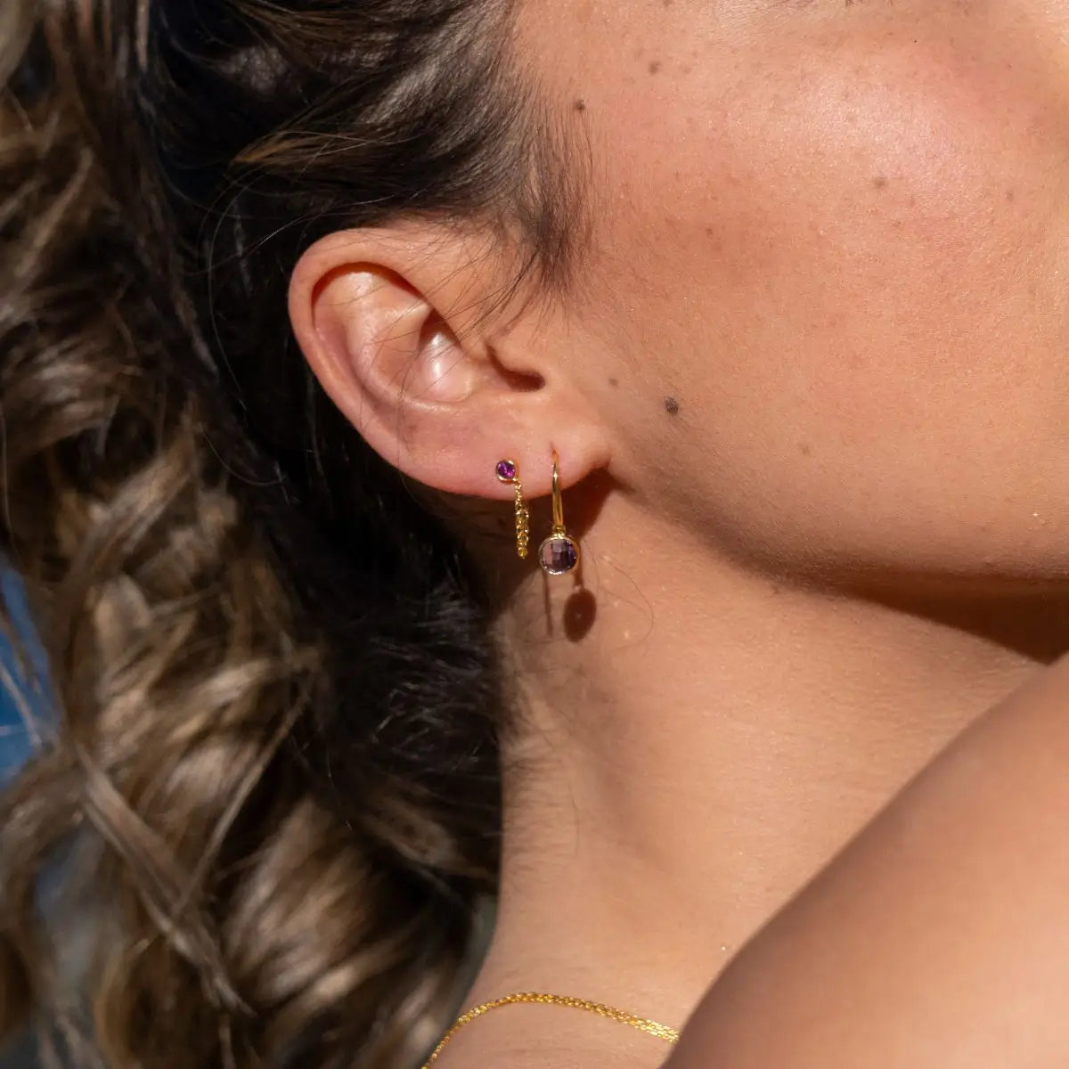 Linklight Garnet Chain Stud Earrings in 18K Gold Vermeil or Silver Gold 1 - on model- Australian Jewellery Brand Bowerbird Jewels