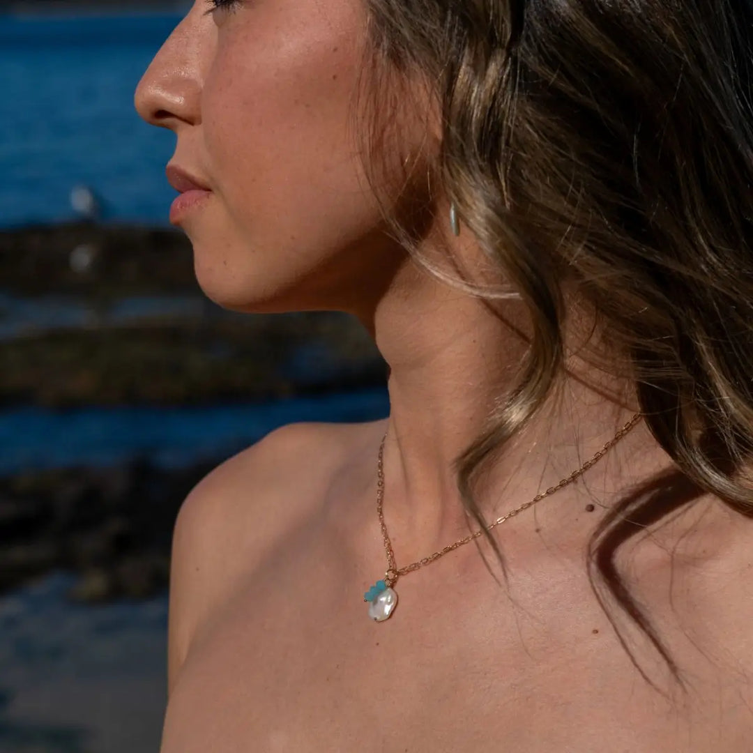 Lira Gold Filled Pearl and Gemstone Necklace Drop Gold Amazonite 1 - on model- Australian Jewellery Brand Bowerbird Jewels