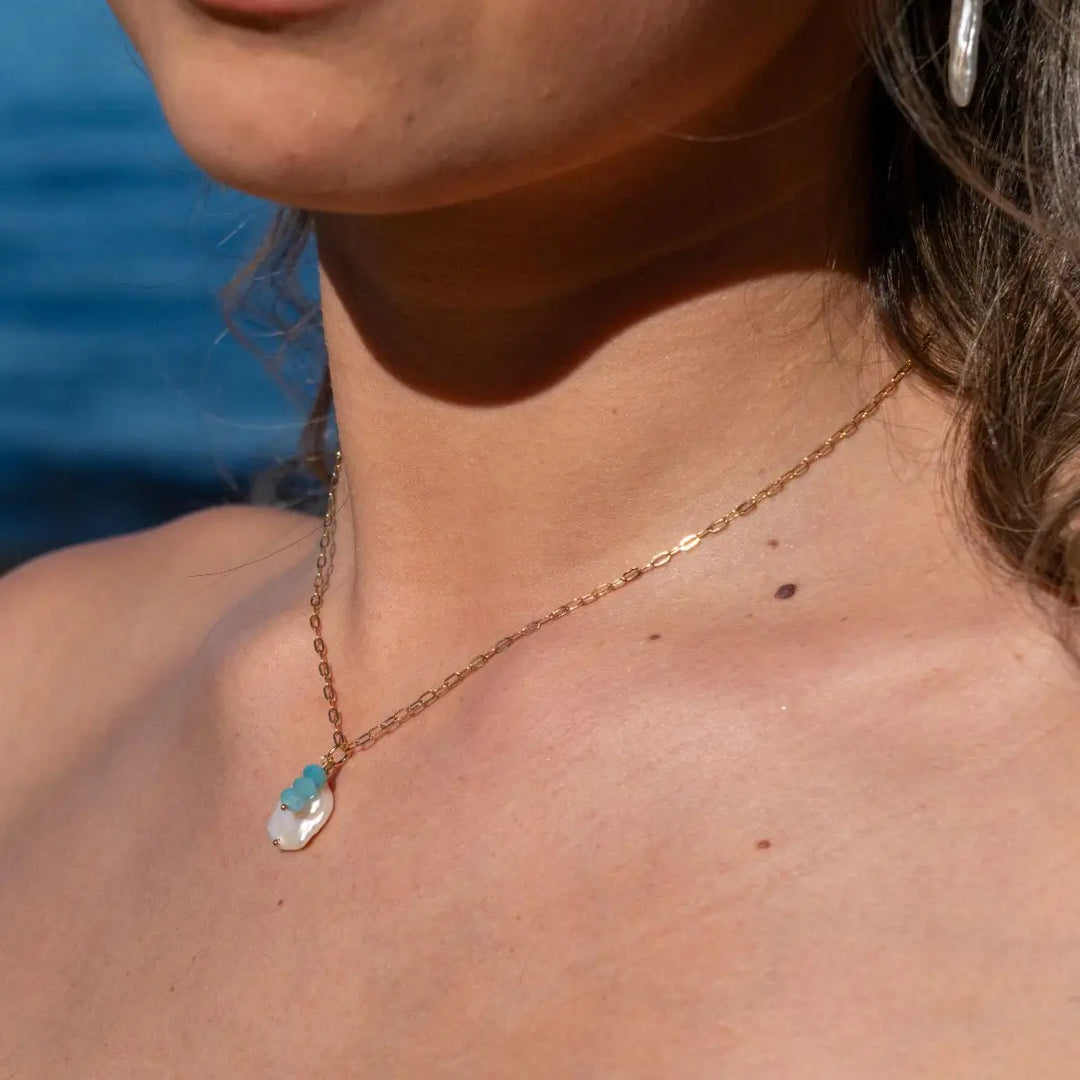 Lira Gold Filled Pearl and Gemstone Necklace Drop Gold Amazonite 2 - on model- Australian Jewellery Brand Bowerbird Jewels
