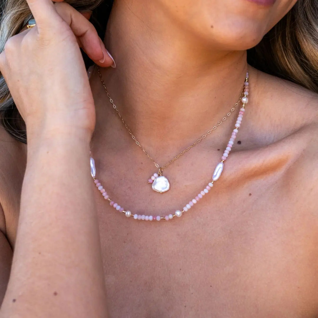 Lira Gold Filled Pearl and Gemstone Necklace Drop Gold Amazonite 2 - on model- Australian Jewellery Brand Bowerbird Jewels