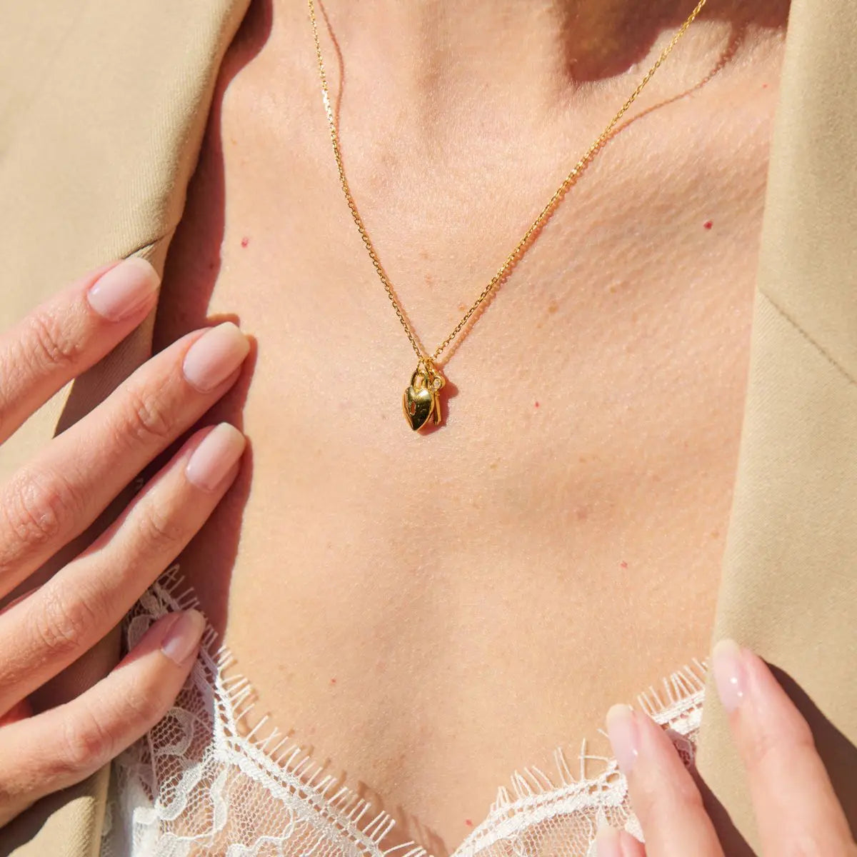 Lock and Key Necklace in Sterling Silver or Gold 1 on model- Australian Jewellery Brand Bowerbird Jewels
