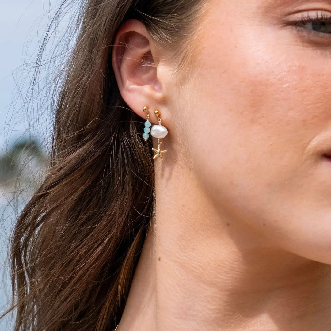 Luma Gold Filled Stud Earrings with Freshwater Pearl and Starfish Drop Gold 1 on model- Australian Jewellery Brand Bowerbird Jewels
