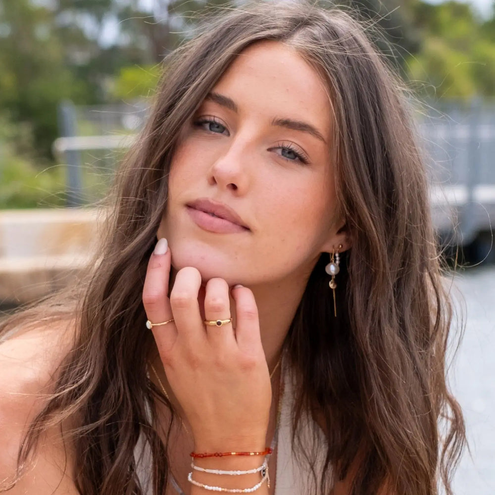 Luma Gold Filled Threader Earrings with Freshwater Pearl and Shell Drop Gold 1 on model- Australian Jewellery Brand Bowerbird Jewels