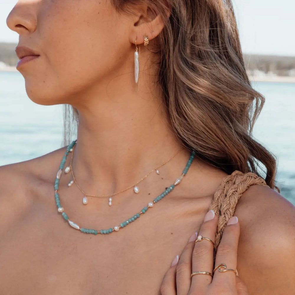 Mara Gold Filled Necklace with Mixed Freshwater Pearl Drops Gold 3 on model- Australian Jewellery Brand Bowerbird Jewels