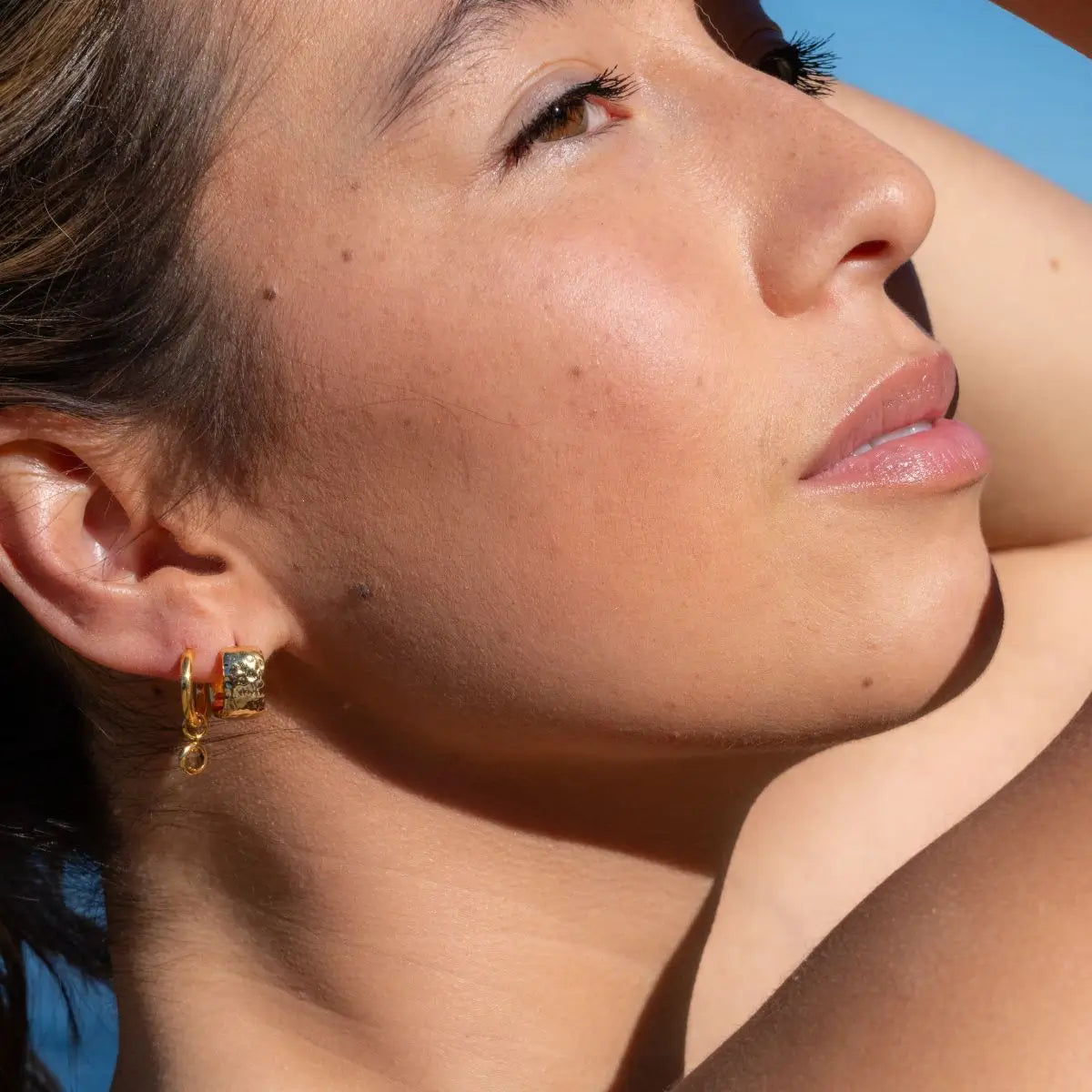 Marais Citrine Drop Huggie Earrings in 18K Gold Vermeil or Silver Gold 2 - on model- Australian Jewellery Brand Bowerbird Jewels