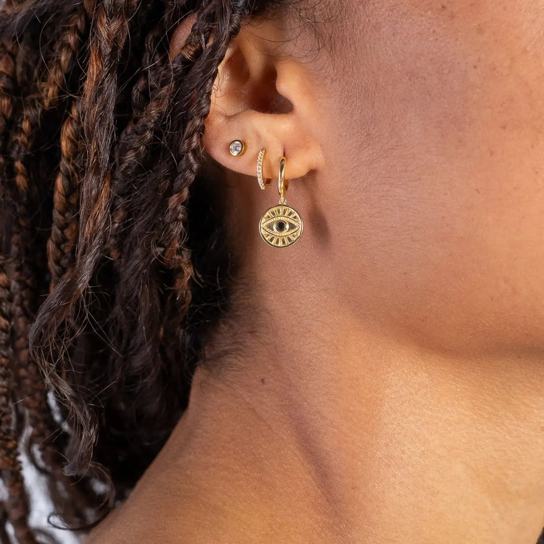 Minds Eye Huggie Earrings Gold 1 on model- Australian Jewellery Brand Bowerbird Jewels