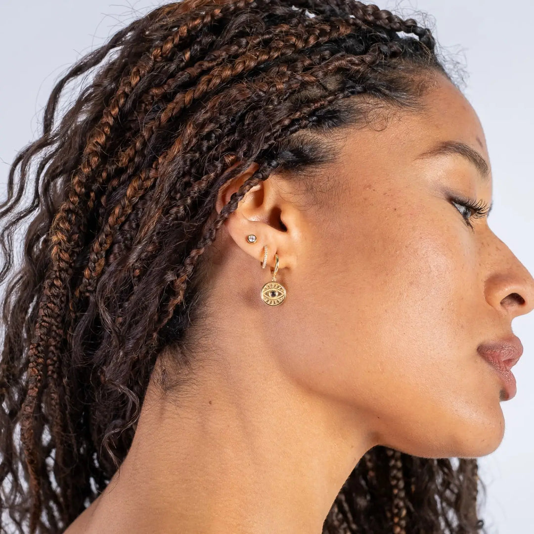 Minds Eye Huggie Earrings Gold 2 on model- Australian Jewellery Brand Bowerbird Jewels